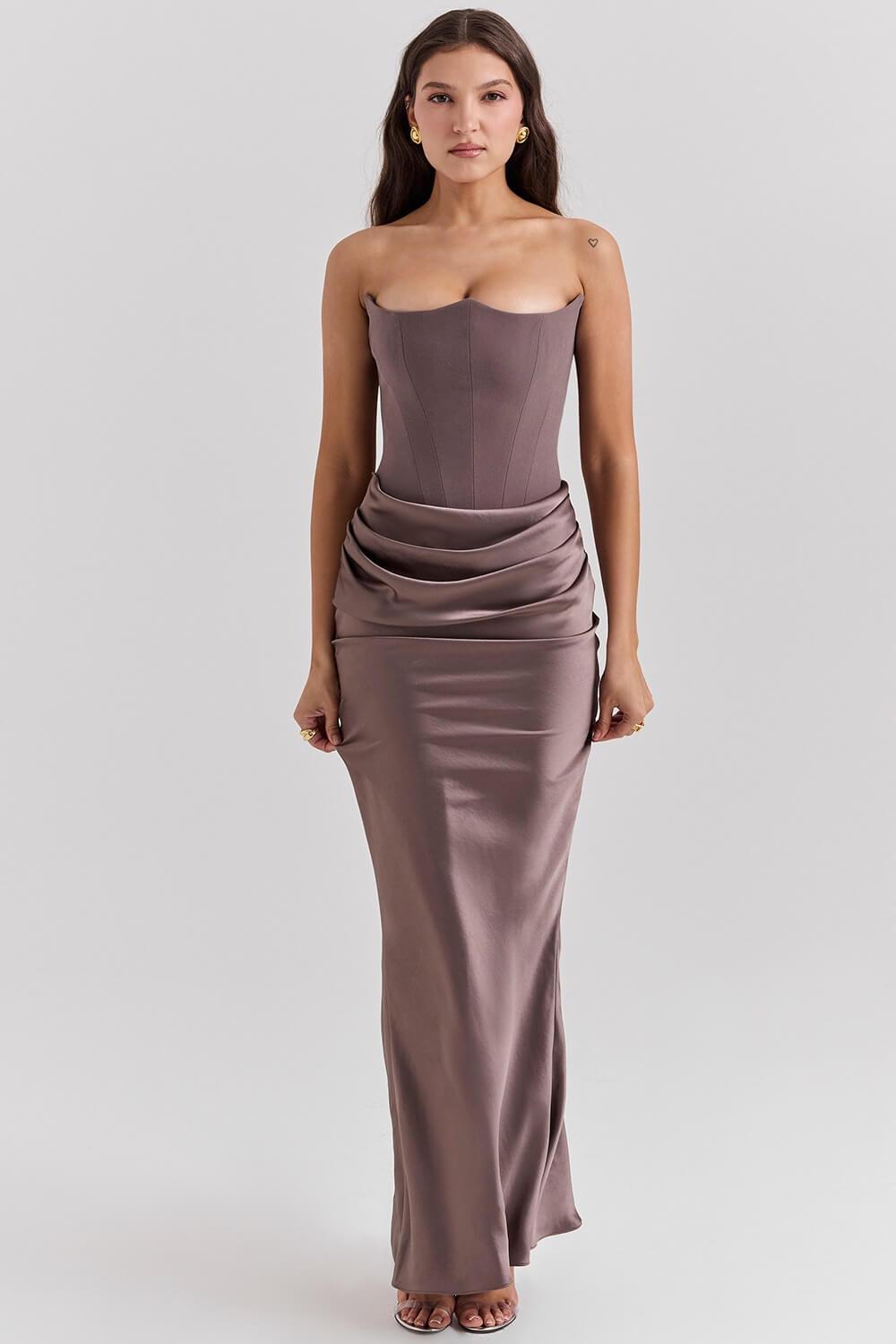 Selmori Vianne Off-Shoulder Corset Maxi Dress Brown