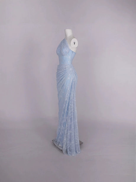 Selmori Angélique One Shoulder Draped Lace Maxi Dress in Blue