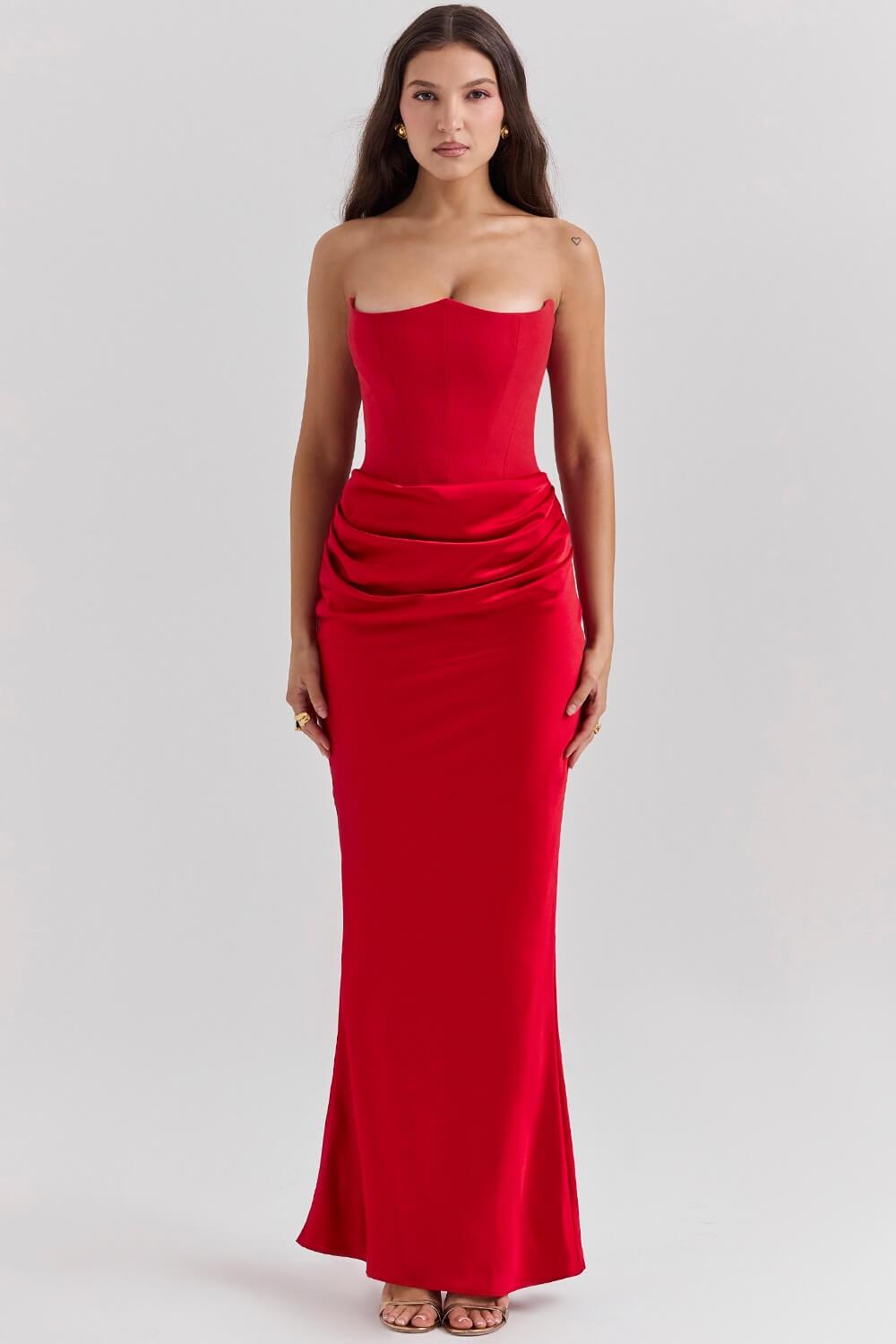 Selmori Vianne Off-Shoulder Corset Maxi Dress Red