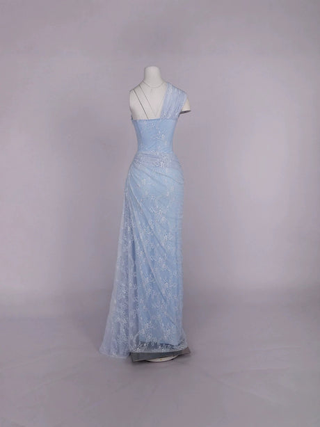 Selmori Angélique One Shoulder Draped Lace Maxi Dress in Blue