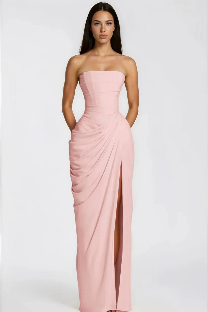 Selmori Azalée Strapless Draped High-Slit Maxi Dress Pink