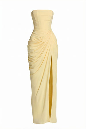 Azalée Strapless Draped High-Slit Maxi Dress / Yellow