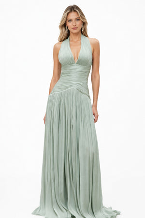 Verdelune Halter Pleated Slit Maxi Dress