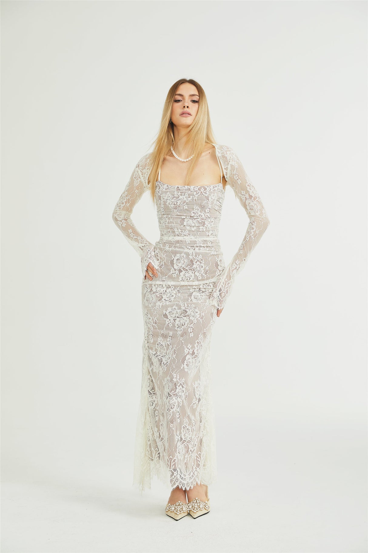 Symphonie Lace Square Neck Bodycon Maxi Dress