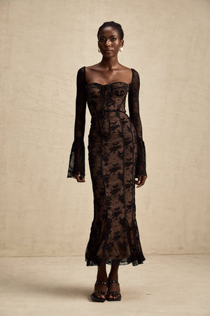 Charisme Lace Corset Bodycon Midi Dress Black