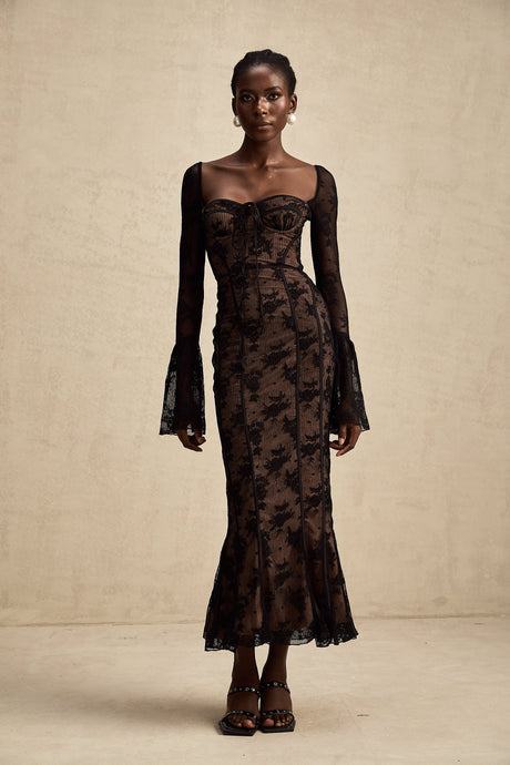 Charisme Lace Corset Bodycon Midi Dress Black
