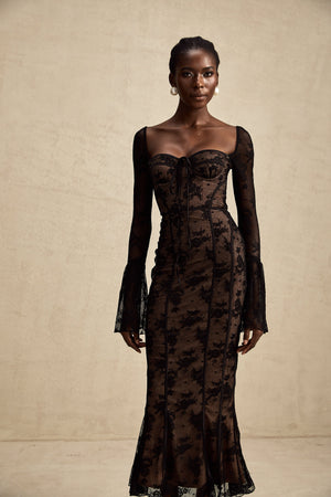 Charisme Lace Corset Bodycon Midi Dress Black