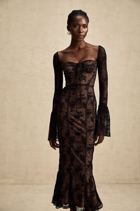 Charisme Lace Corset Bodycon Midi Dress Black