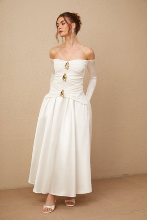 Selmori Noémie off-shoulder panelled maxi dress in White