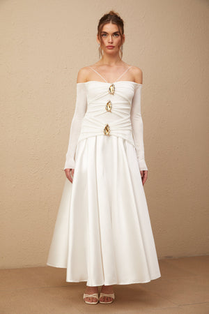 Selmori Noémie off-shoulder panelled maxi dress in White