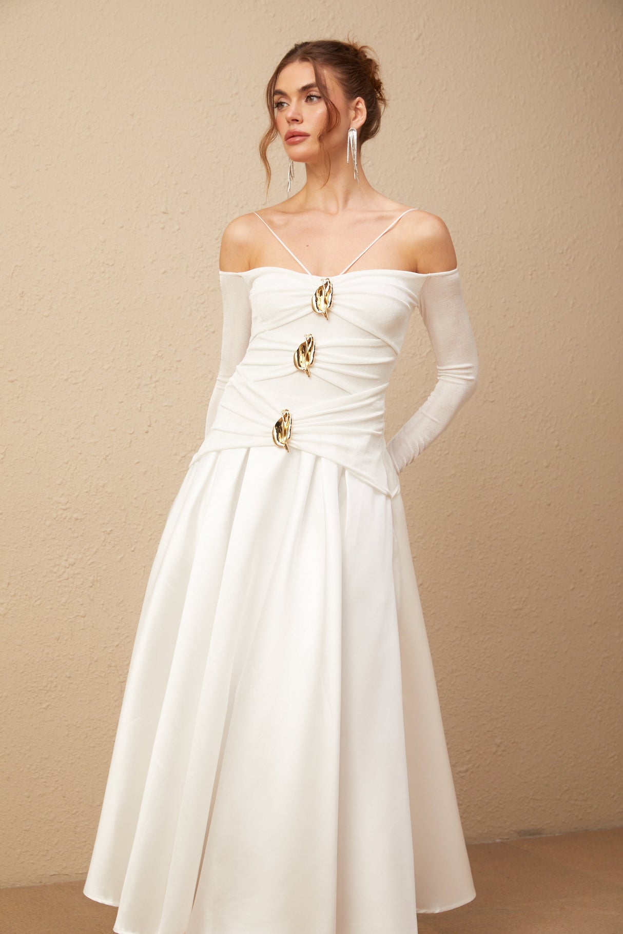 Selmori Noémie off-shoulder panelled maxi dress in White