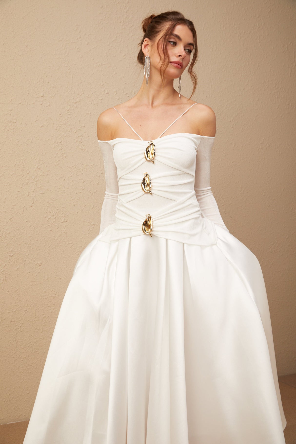 Selmori Noémie off-shoulder panelled maxi dress in White