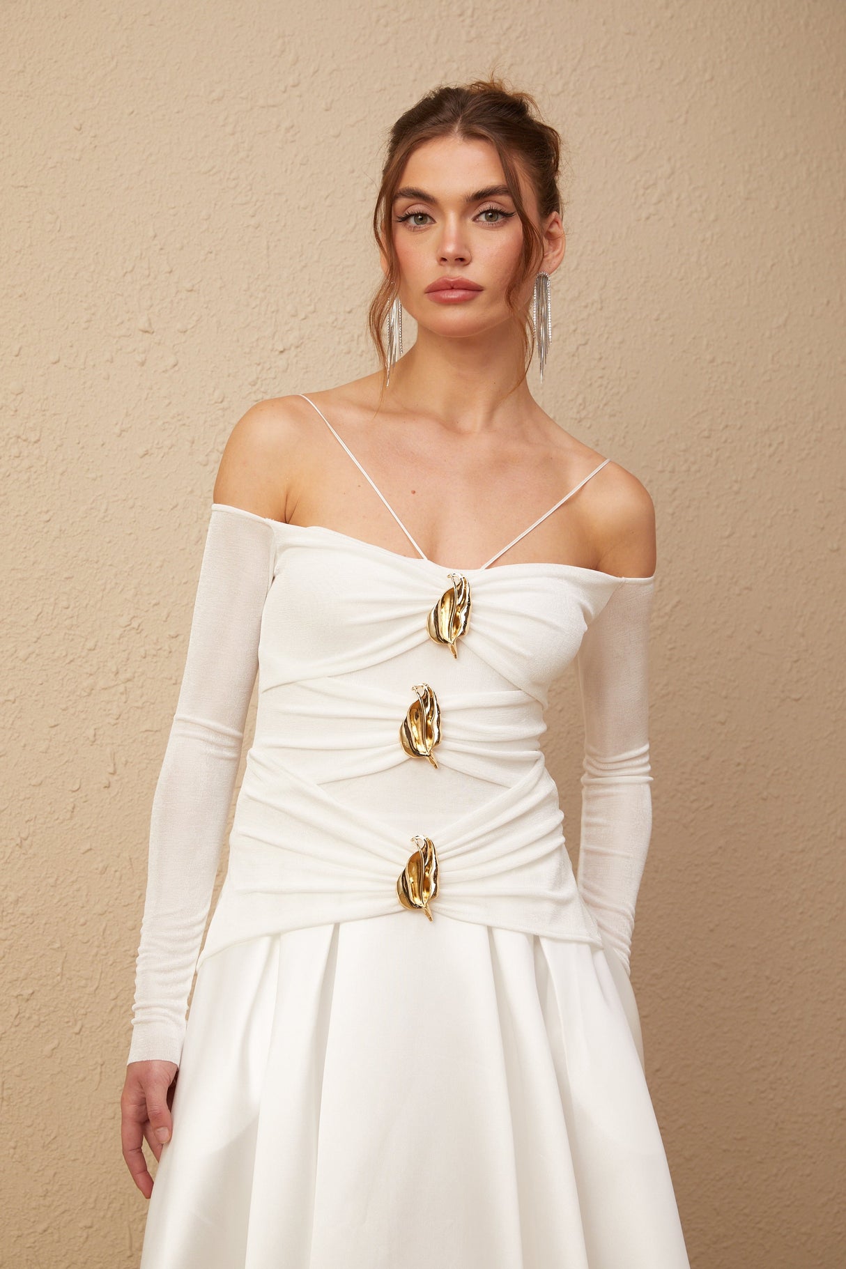 Selmori Noémie off-shoulder panelled maxi dress in White