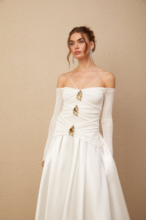 Selmori Noémie off-shoulder panelled maxi dress in White