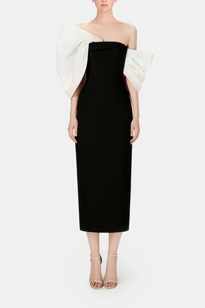 Selmori Mathilde Black Midi Dress with Asymmetrical Bow Detail Black