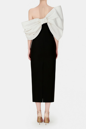 Selmori Mathilde Black Midi Dress with Asymmetrical Bow Detail