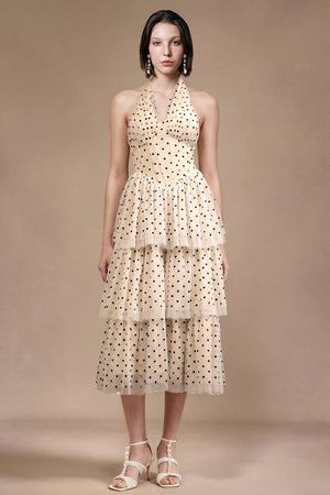 Emma Polka Dot Halter Tiered Midi Dress