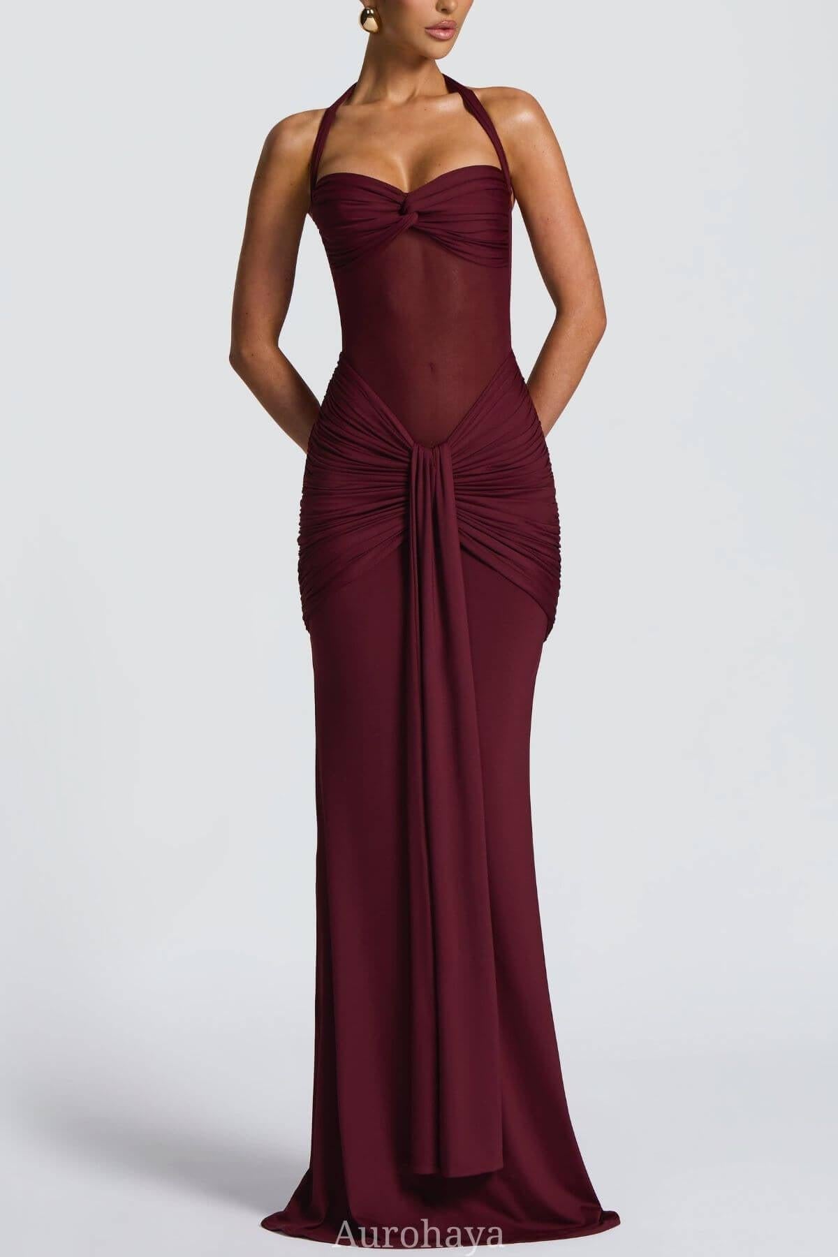 Selmori Sévara Halterneck Gathered Maxi Dress Wine