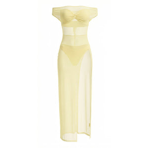 Fantaisie Off Shoulder Mesh Side Slit Maxi Dress