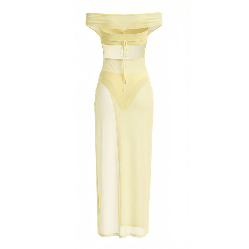 Fantaisie Off Shoulder Mesh Side Slit Maxi Dress