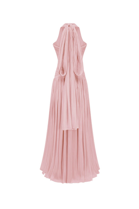 Vraie Plunging V-Neck Pleated Maxi Dress / Rose Pink