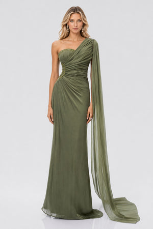 Tiphaine One Shoulder Ruched Maxi Dress / Green