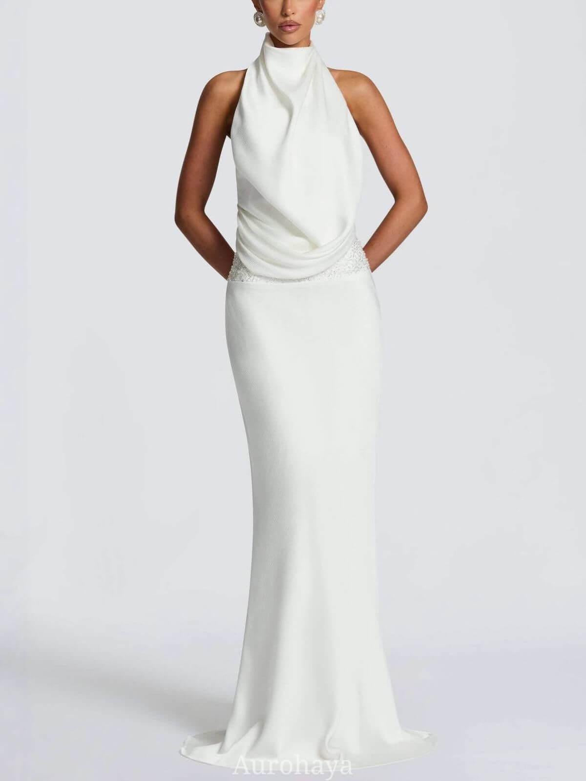 Selmori Camille Backless Sequin Satin Maxi Dress White