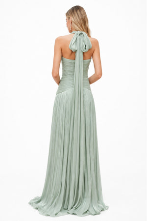 Verdelune Halter Pleated Slit Maxi Dress