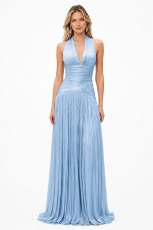 Verdelune Halter Pleated Slit Maxi Dress