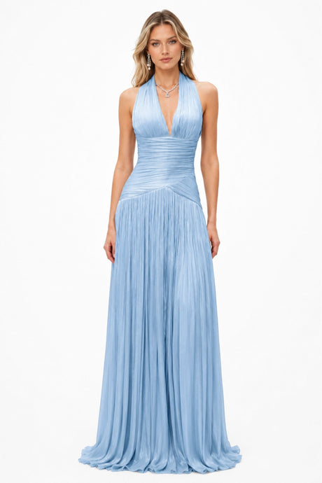 Verdelune Halter Pleated Slit Maxi Dress