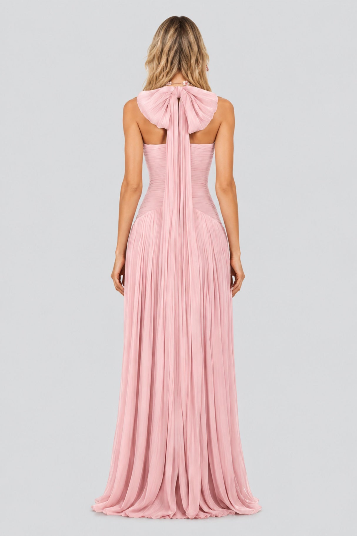 Vraie Plunging V-Neck Pleated Maxi Dress / Rose Pink