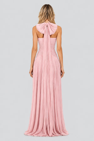 Vraie Plunging V-Neck Pleated Maxi Dress / Rose Pink