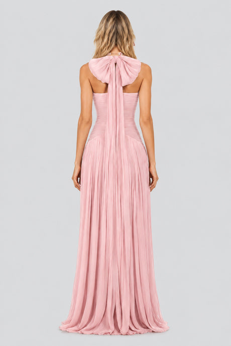 Vraie Plunging V-Neck Pleated Maxi Dress / Rose Pink