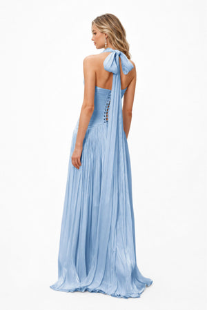 Verdelune Halter Pleated Slit Maxi Dress