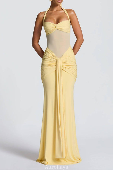 Selmori Sévara Halterneck Gathered Maxi Dress Yellow