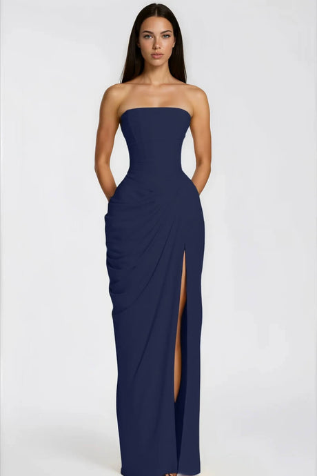 Selmori Azalée Strapless Draped High-Slit Maxi Dress Navy