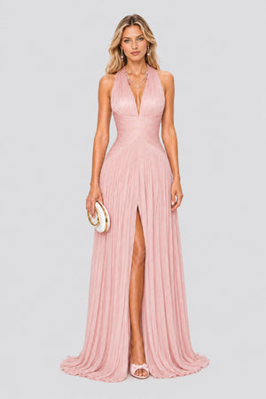 Vraie Plunging V-Neck Pleated Maxi Dress / Rose Pink