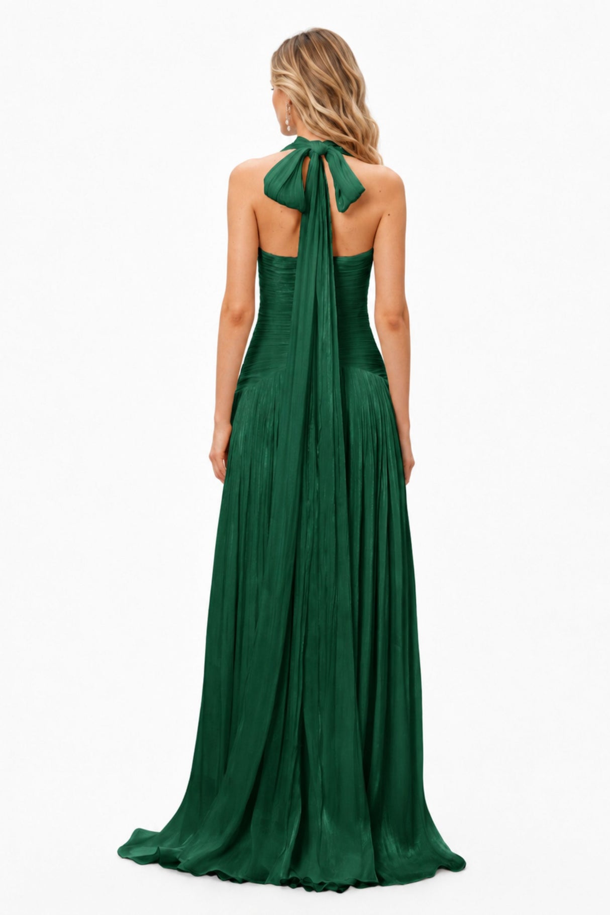 Verdelune Halter Pleated Slit Maxi Dress