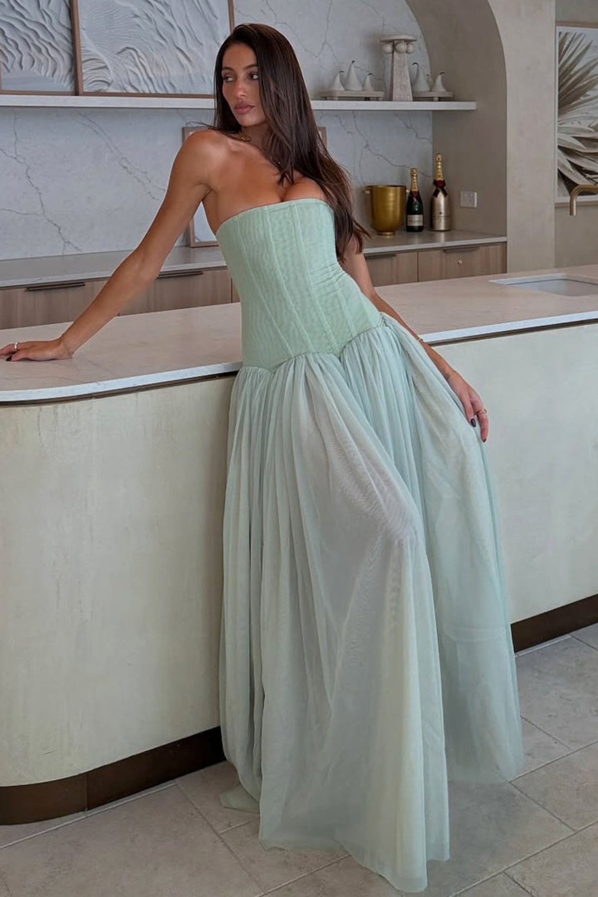 Émotion Strapless Pleated Corset Maxi Dress