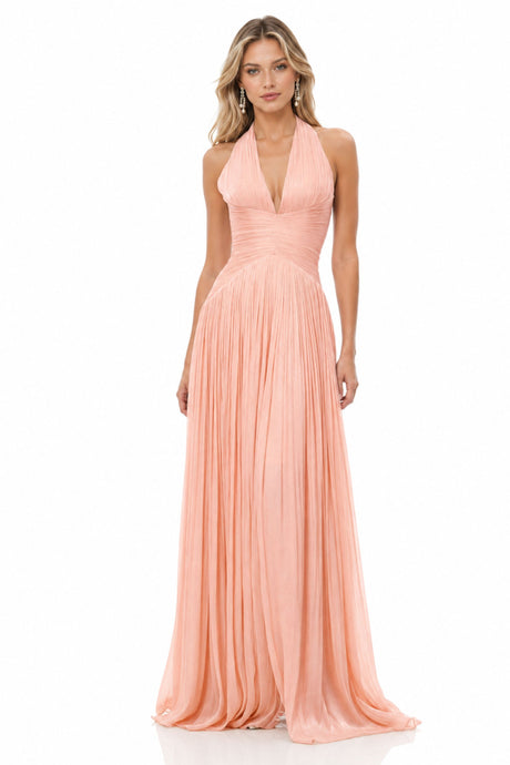 Verdelune Halter Pleated Slit Maxi Dress