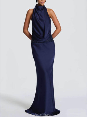 Selmori Camille Backless Sequin Satin Maxi Dress Midnight Blue