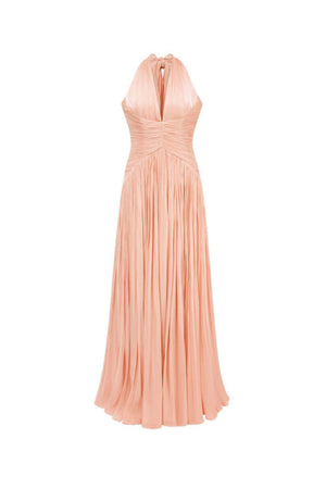 Verdelune Halter Pleated Slit Maxi Dress / Pink