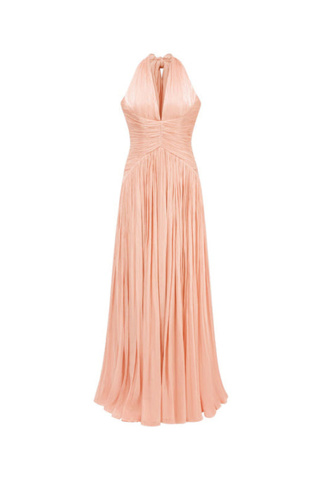 Verdelune Halter Pleated Slit Maxi Dress / Pink