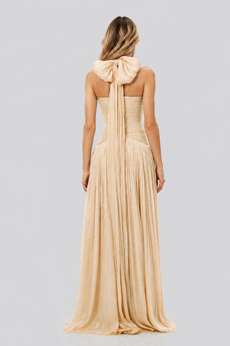 Vraie Plunging V-Neck Pleated Maxi Dress / Beige