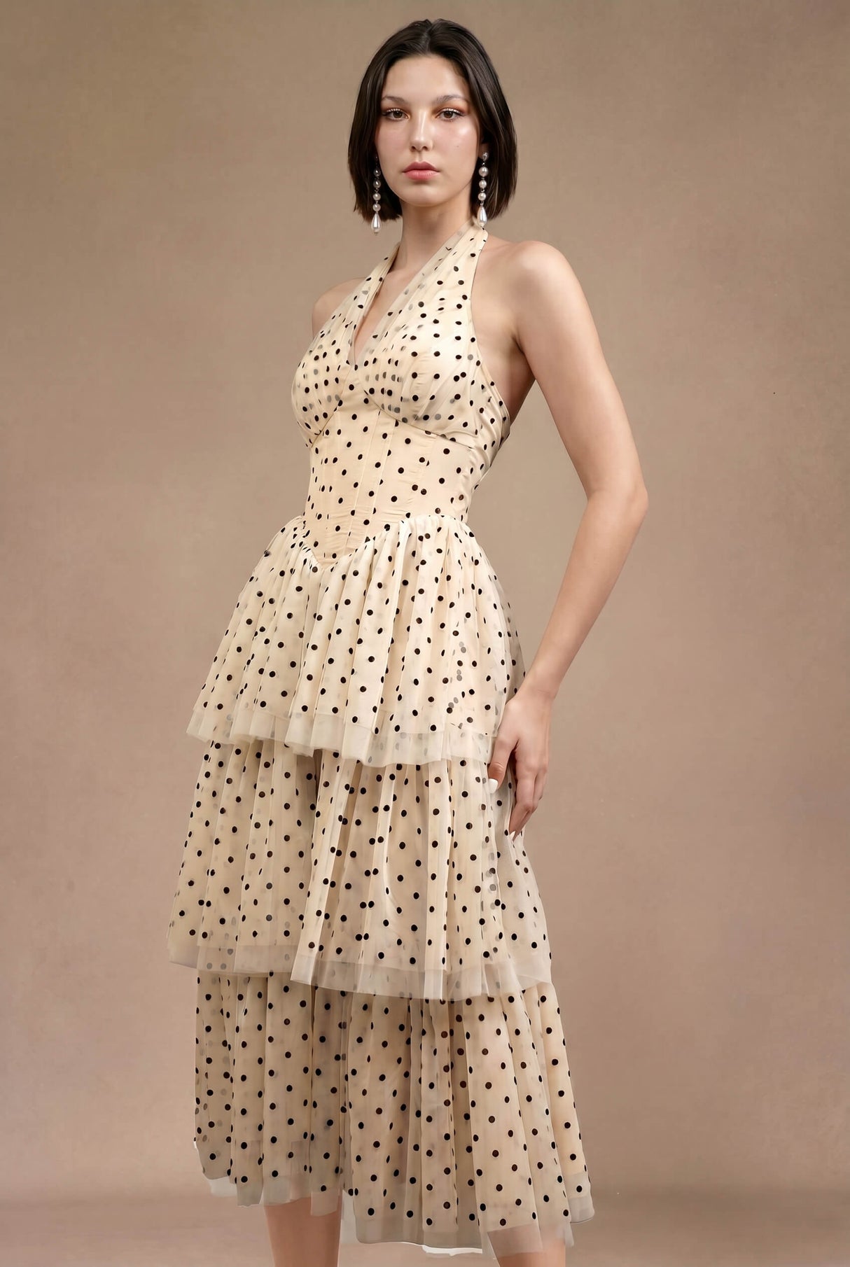Emma Polka Dot Halter Tiered Midi Dress