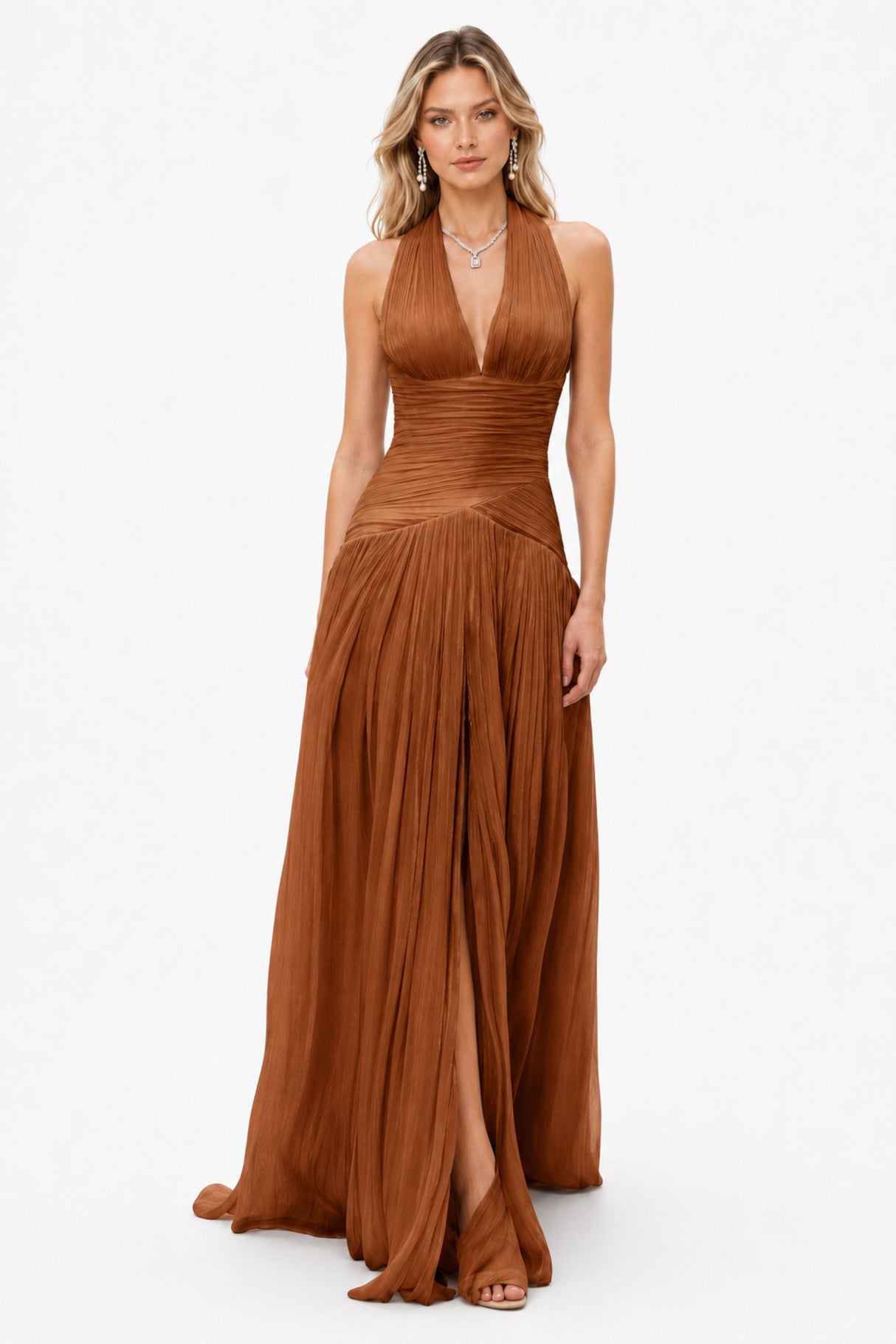 Verdelune Halter Pleated Slit Maxi Dress