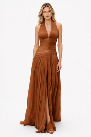 Verdelune Halter Pleated Slit Maxi Dress / Brown