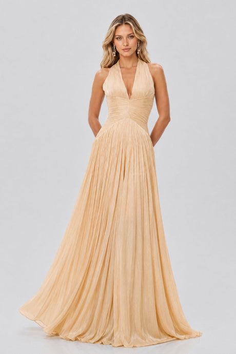 Vraie Plunging V-Neck Pleated Maxi Dress / Beige