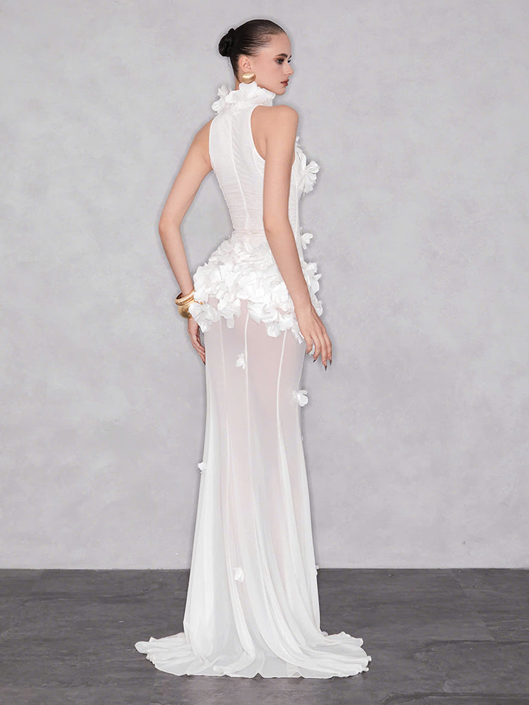 Isaline Floral Appliqué Halter Maxi Dress