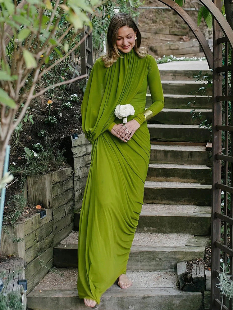 Anaëlle Draped High Neck Long Sleeve Maxi Dress